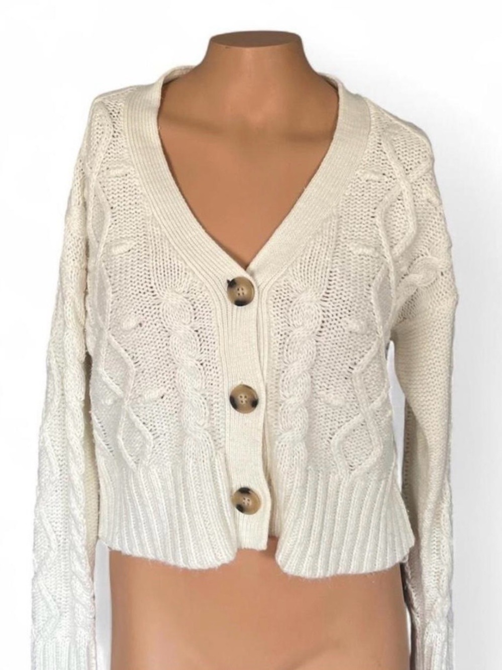 Kendall & Kylie Ivory Cable Knit Button-Front cropped Cardigan